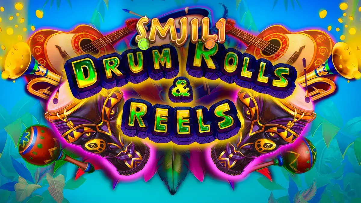 Isang makulay na larawan ng Drum Rolls & Reels slot game na may temang Brazilian Carnival, nagpapakita ng mga maskara at perkusyon.